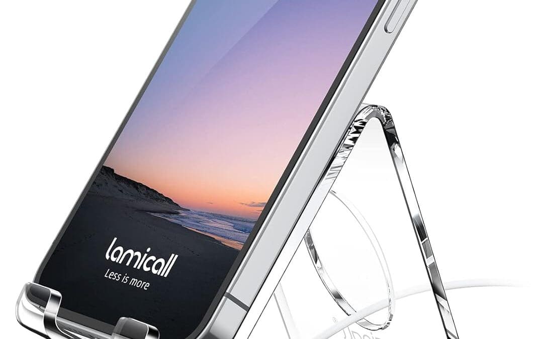 Lamicall Cell Phone Stand, Desk Accessories – Clear Office Cell Phone Holder, Acrylic Phone Stand, Desktop, Acrylic Office Desk Accessories, Office Decor, Suitable for iPhone, 4-8” Phone