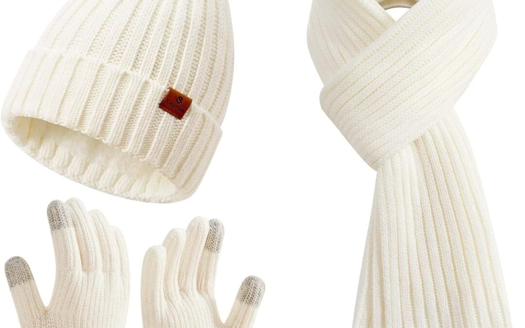 Coolprince Womens Long Scarf Gloves and Hat Set Cold Weather Hat Scarf Glove Set for Women Winter Beanie Hats with Pom Pom