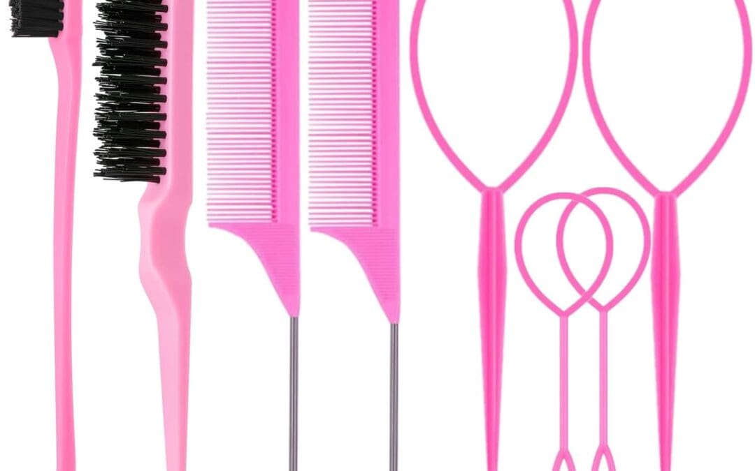 8Pcs Hair Brushes Set with 4Pcs Topsy Hair Tail Tools 1Pcs Bristle Teasing Hair Brush 1Pcs Edge Control Brush 2Pcs Metal Pin Rat Tail Combs for Woman Girl hair Styling,Edge&Back Brushing,Pink