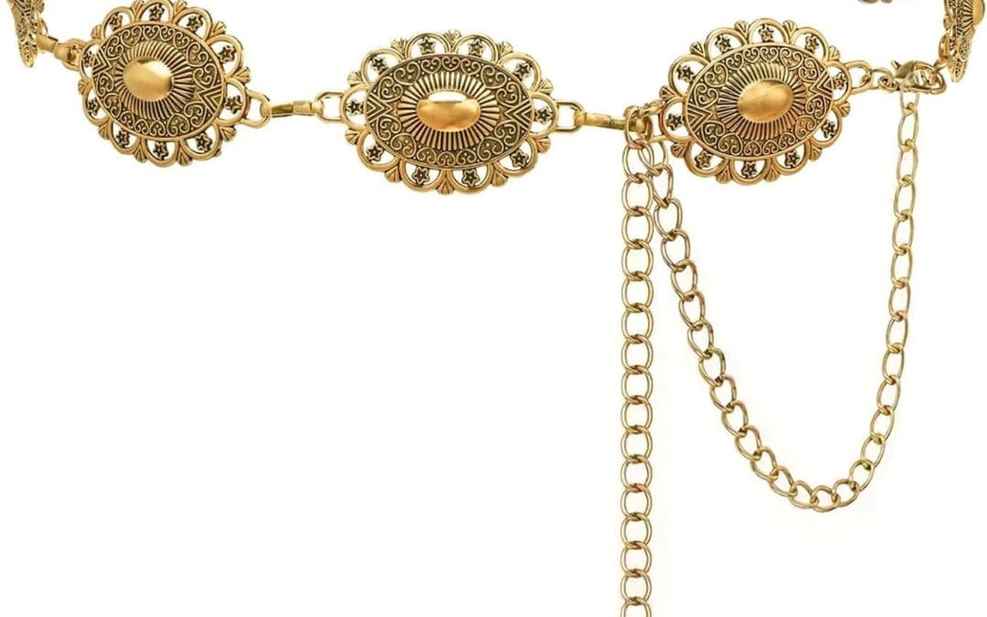 Western Concho Chain Belt for Women Boho Metal Belts For Country Concert Dresses Jeans Cowgirl Vintage Waist Belt