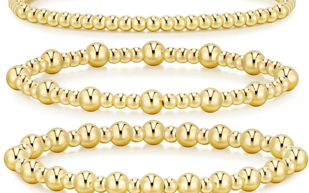 adoyi Gold Bracelets for Women Waterproof, 14K Gold Plated Beaded Strand Bead Ball Bracelets stack Adjustable Jewelry Set for Gifts