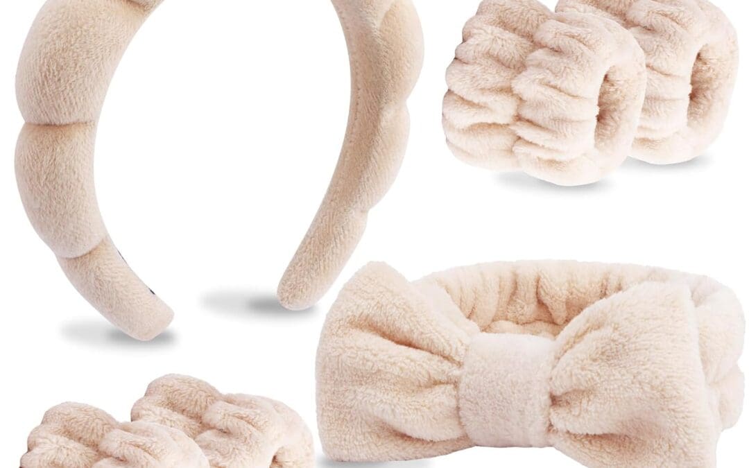 VELSCRUN 6 Pack Spa Headband, Makeup Headband, Face Wash Headbands, Skincare Headbands, Brown Sponge Hair Band Bow Tie Spa Head Band for Washing Face Wristband Set Hair Accessories for Women