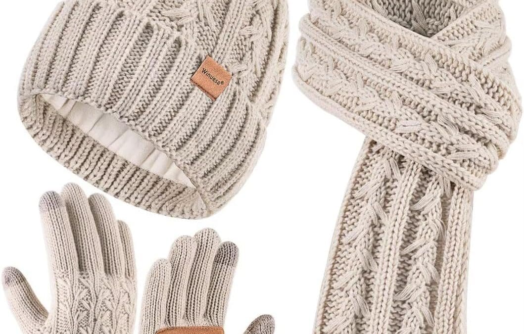 Womens Beanie Hat Scarf Gloves Set, Fleece Lined Winter Hat with Pom Pom, Long Knit Scarf Touchscreen Gloves for Cold Weather