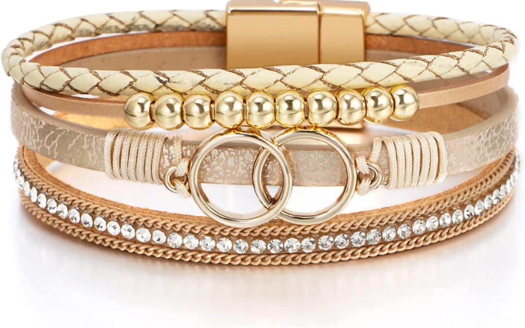 Fesciory Leopard Bracelet for Women, Boho Leather Wrap Multi-Layer Pearl Crystal Bracelet Bangle Jewelry