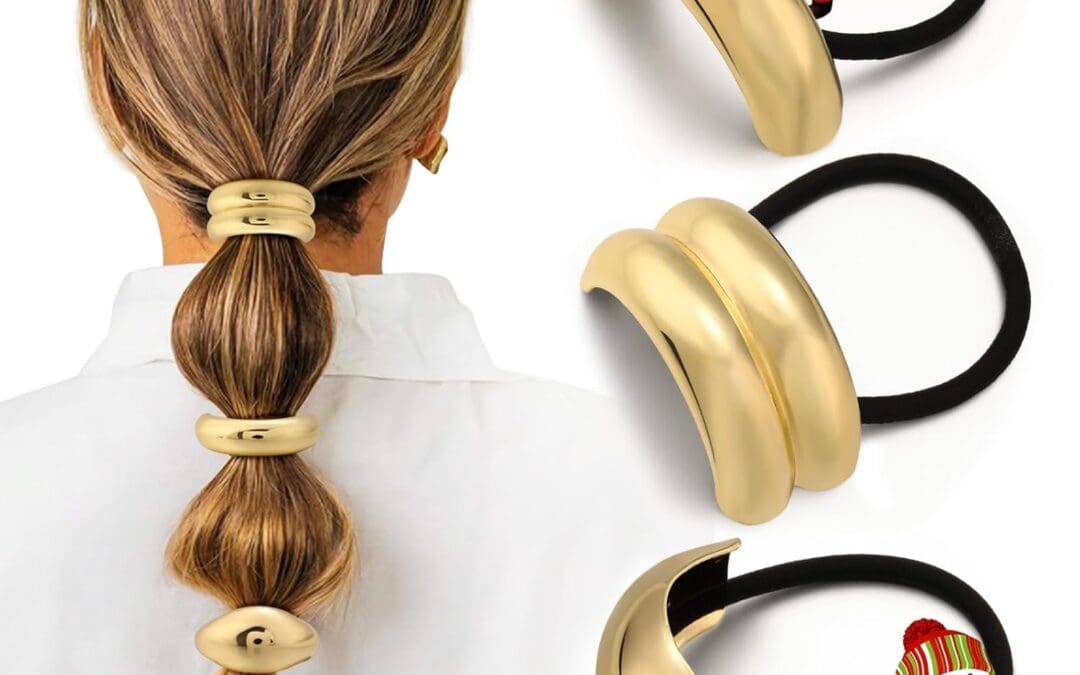 3PCS Gold Hair Ties, Metal Hair Ties for Thick Hair, Elegant Durable Geometric Design, Gold Hair Accessories Stretchy and Non-Damage Ponytail Cuff Holders, 3 Styles in Box Holiday Christmas Gifts