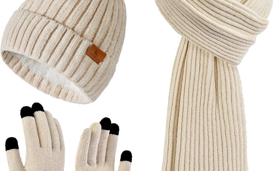 Womens Winter Beanie Hat Scarf Touchscreen Gloves Set Knit Warm Skull Caps Long Neck Scarves for Women Men