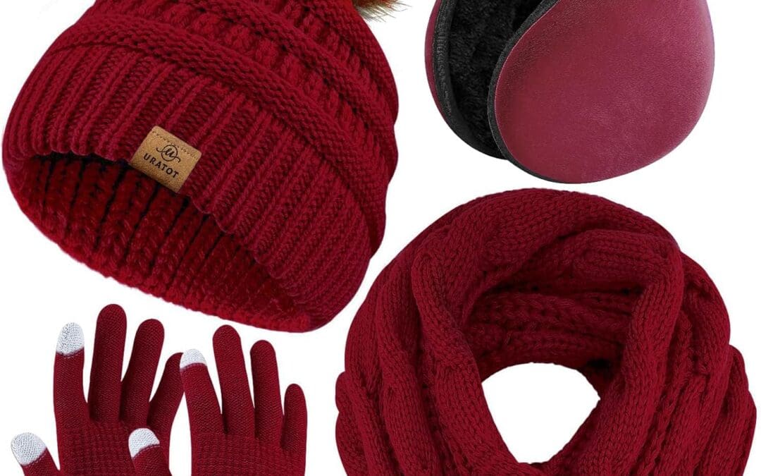 URATOT 4-In-1 Winter Warm Sets Knitted Scarf Touch Screen Gloves Beanie Pompom Hat and Winter Ear Warmer for Men or Women