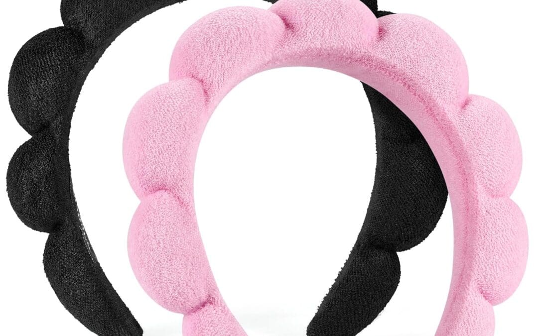 Spa Headbands for Washing Face or Facial, Set of 2 Skincare Headbands, Terry Cloth Headband Wash Combo Pack – Puffy Makeup Washing, Mask, Skin Treatment (Black & Pink)
