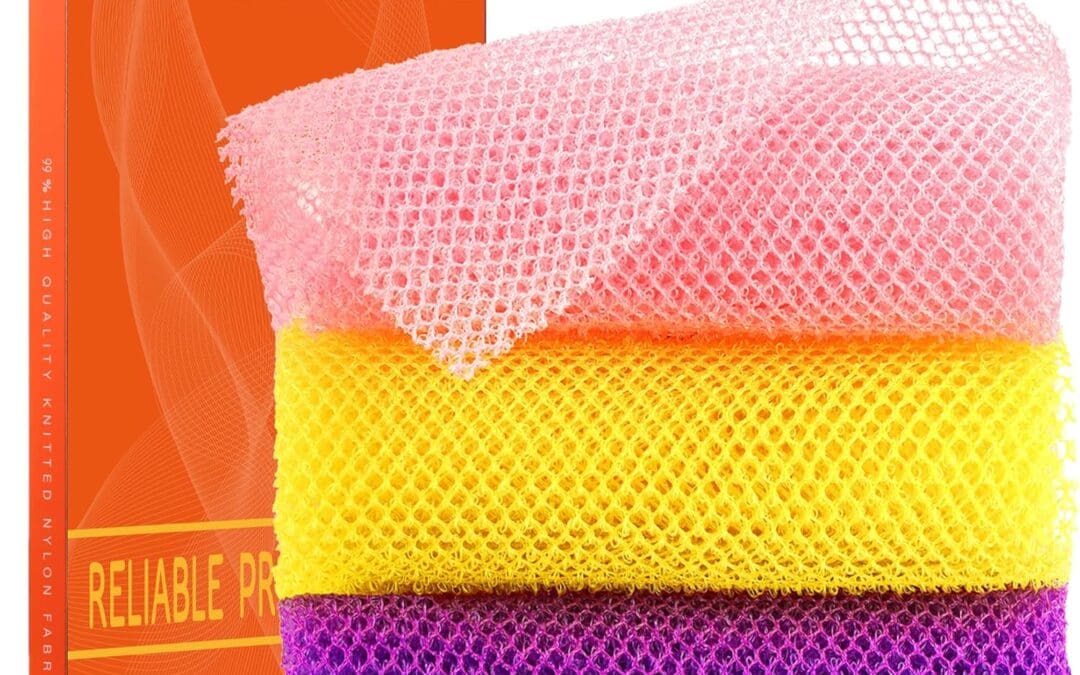 UJFQBH 3 Pieces African Bath Sponge African Net Long Net Bath Sponge Exfoliating Shower Body Scrubber Back Scrubber Skin Smoother,Great for Daily Use (Pink,Yellow,Purple)