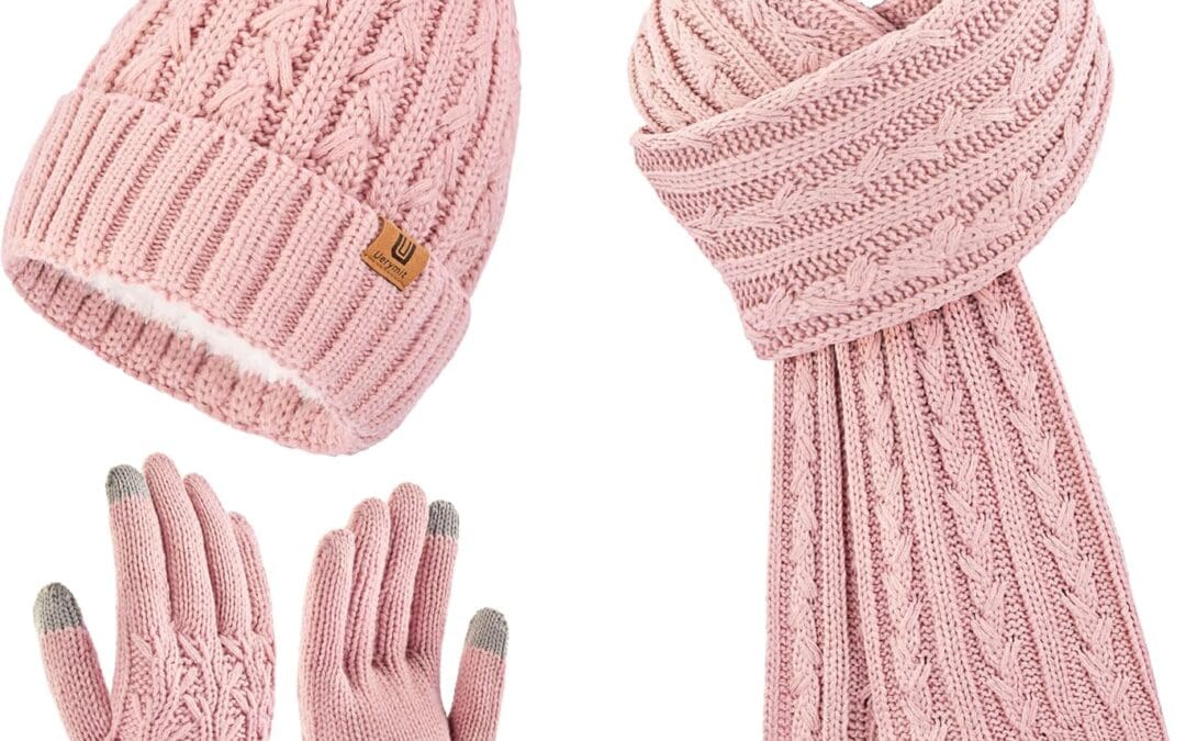 Womens Winter Warm Beanie Hat Long Scarf Touchscreen Gloves Set with Fleece Lined Skull Pom Caps 3 in 1 Set for Gift