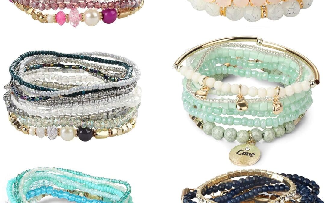 LOYALLOOK 6 Sets Bohemian Stackable Bead Bracelets for Women Stretch Bohemian Style Stretch Multilayered Boho Bracelet Set