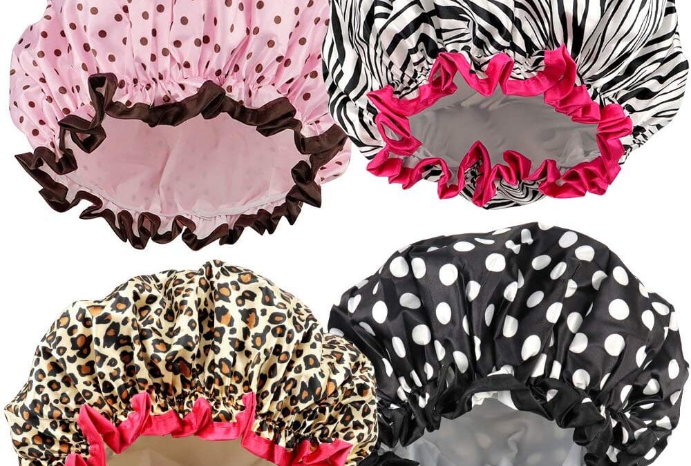 TCOTBE 4 Pieces Shower Cap for Women, Elastic and Reusable, Environmental Protection Hair Bath Caps, Double Waterproof Layers Bathing Hat
