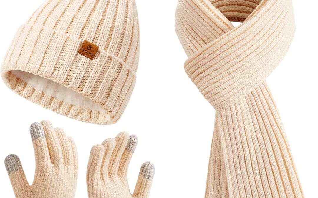 Coolprince Womens Long Scarf Gloves and Hat Set Cold Weather Hat Scarf Glove Set for Women Winter Beanie Hats with Pom Pom