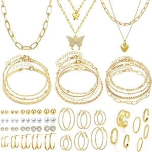 47pcs Gold Jewelry Set With 3 PCS Necklace, 11 PCS Bracelet,20pcs Hoop Stud Earrings,7pcs rings set For Women For Birthday Gifts
