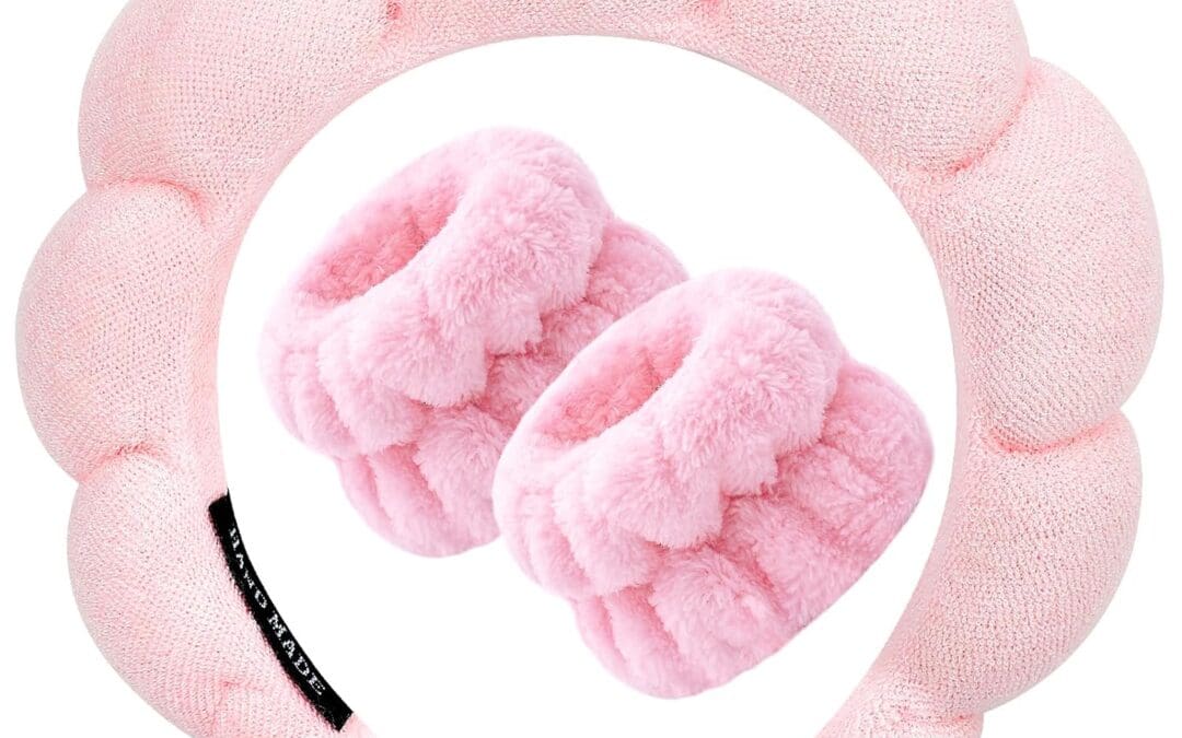 Zkptops Spa Headband for Washing Face Wristband Sponge Makeup Skincare Headband Terry Cloth Bubble Soft Get Ready Hairband for Women Girl Puffy Padded Headwear Non Slip Thick Hair Accessory(Pink)